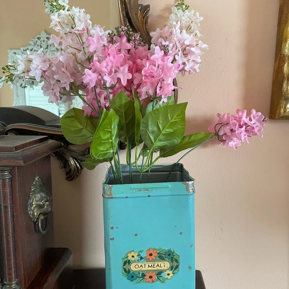 Vintage 30/40s Pink Faux Floral Display Green Tin Oatmeal Canister  10” height